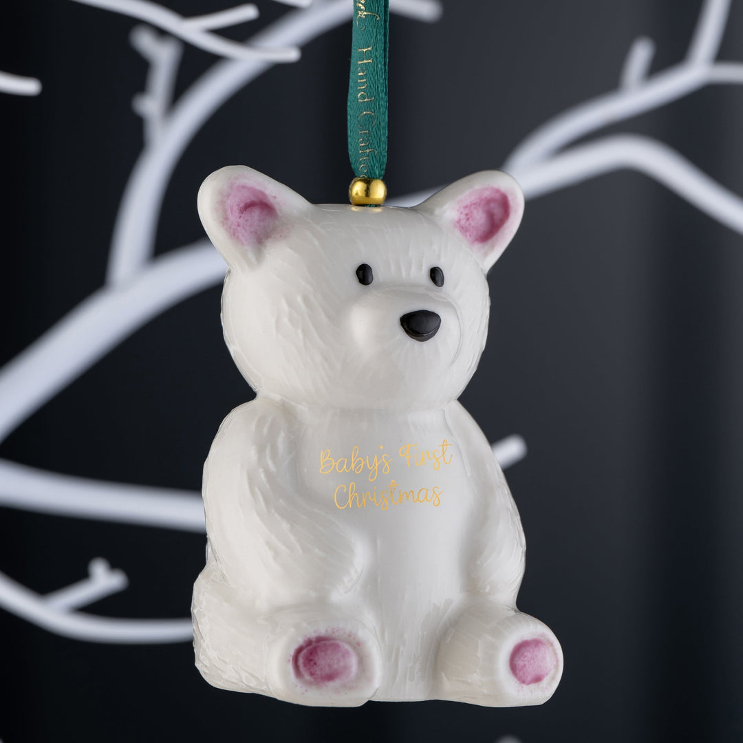 Belleek Classic Teddy Bear Baby's First Christmas Ornament Pink