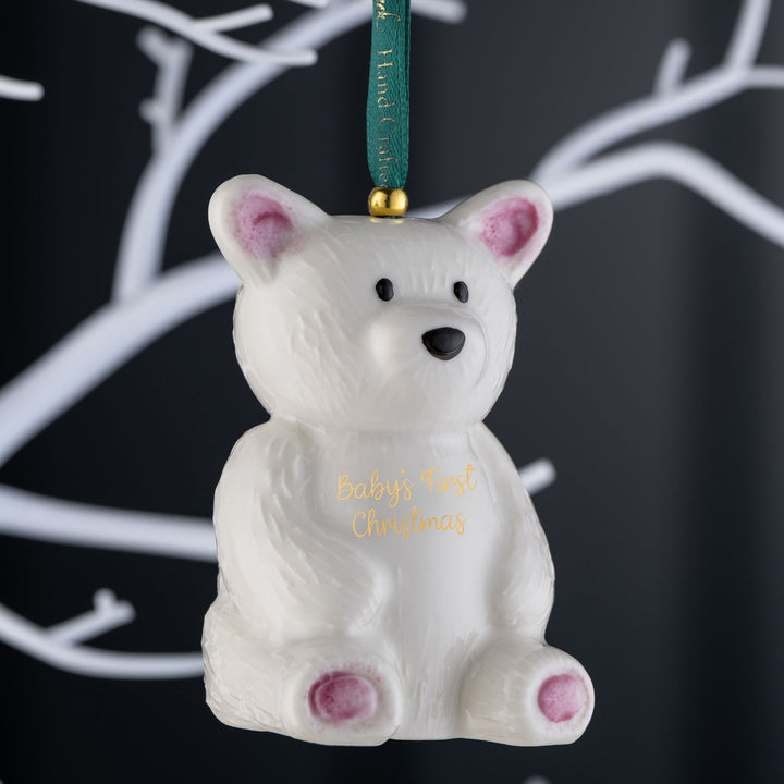 Belleek Classic Teddy Bear Baby's First Christmas Ornament Pink