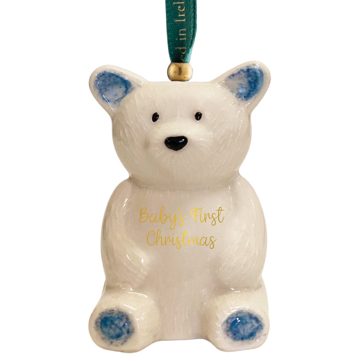 Belleek Classic Teddy Bear Baby's First Christmas Ornament Blue