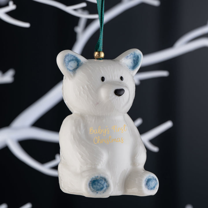 Belleek Classic Teddy Bear Baby's First Christmas Ornament Blue