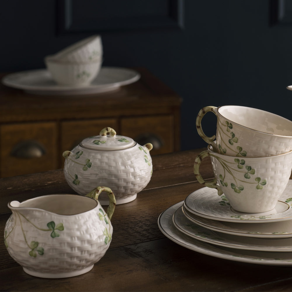 Belleek Classic 1880 - Gold Shamrock Teapot Sugar and Cream Set