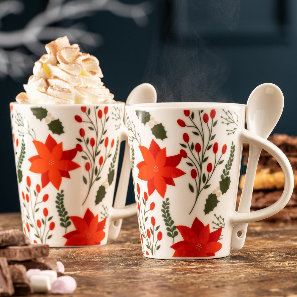 Aynsley Hot Chocolate Pionsettia Mugs & Spoons Set of 2 **ONLY AVAILABLE IN USA**