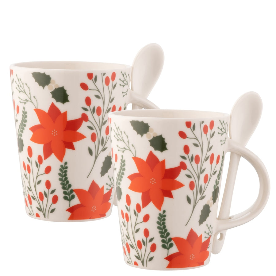 Aynsley Hot Chocolate Pionsettia Mugs & Spoons Set of 2 **ONLY AVAILABLE IN USA**
