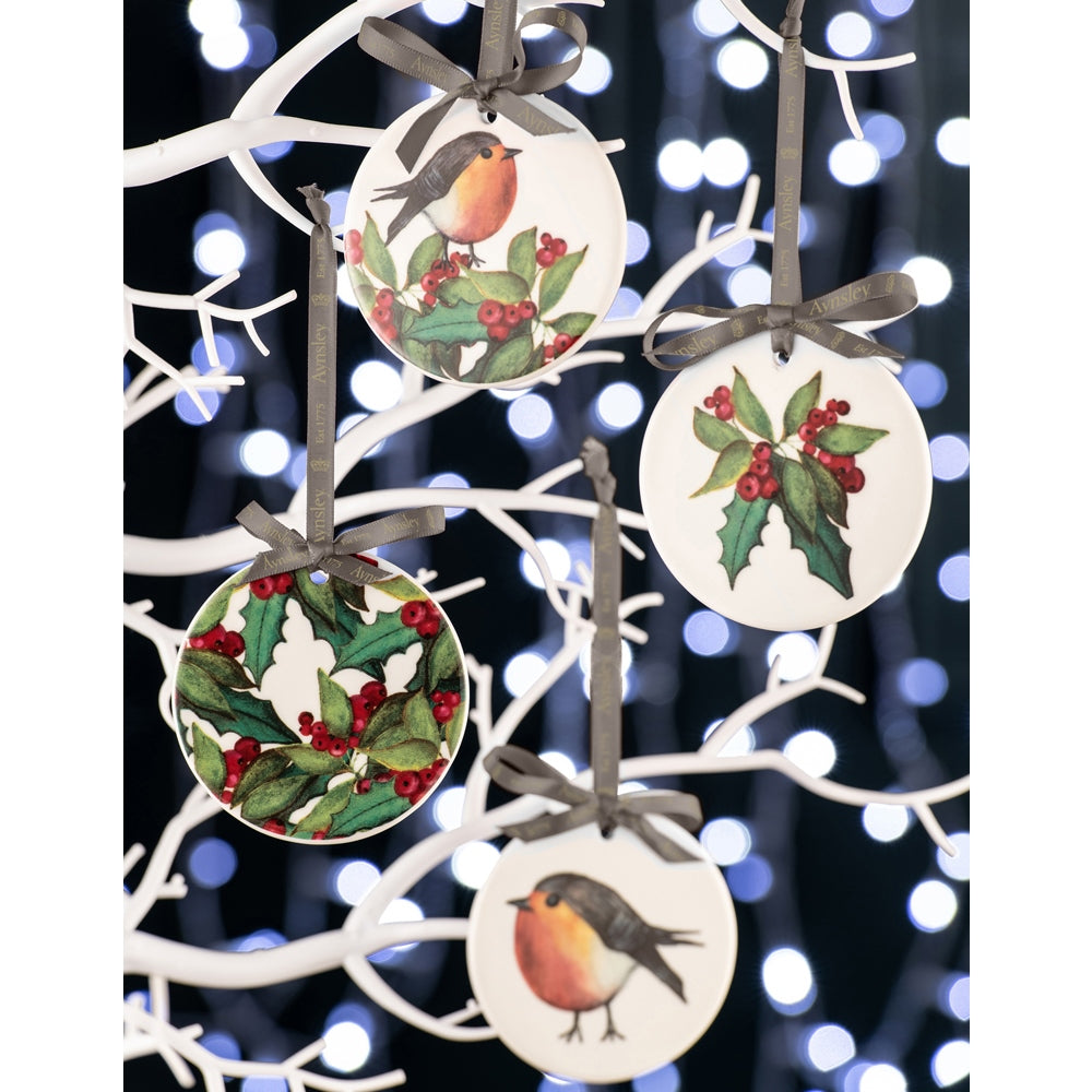 Aynsley Robin & Holly Flat Ornament - Set of 4